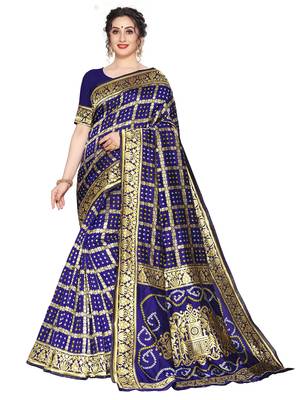 Leeza Store Women'S Navy Blue Silk Blend Jacquard Woven Golden Zari Traditional Bandhani Saree With Blouse Pieces 3