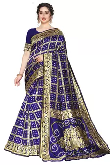 Leeza Store Women'S Navy Blue Silk Blend Jacquard Woven Golden Zari Traditional Bandhani Saree With Blouse Pieces
