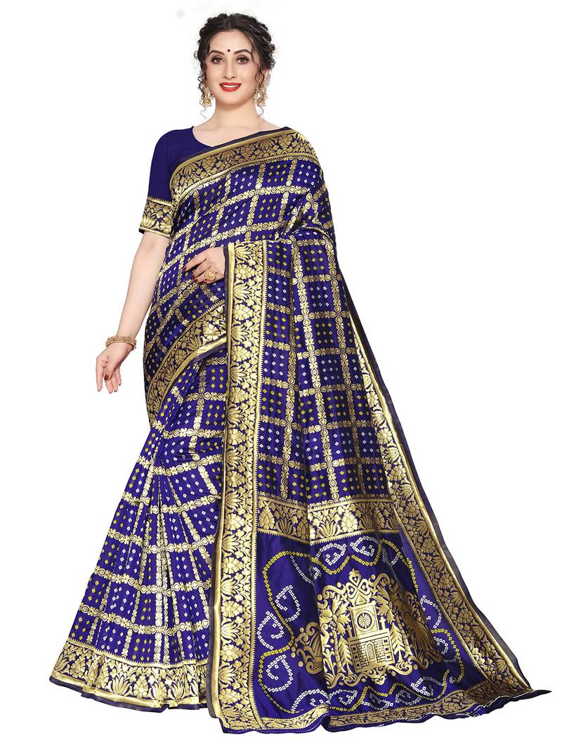 Leeza Store Women'S Navy Blue Silk Blend Jacquard Woven Golden Zari Traditional Bandhani Saree With Blouse Pieces