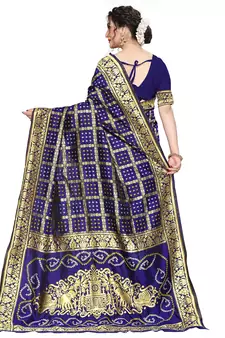 Leeza Store Women'S Navy Blue Silk Blend Jacquard Woven Golden Zari Traditional Bandhani Saree With Blouse Pieces