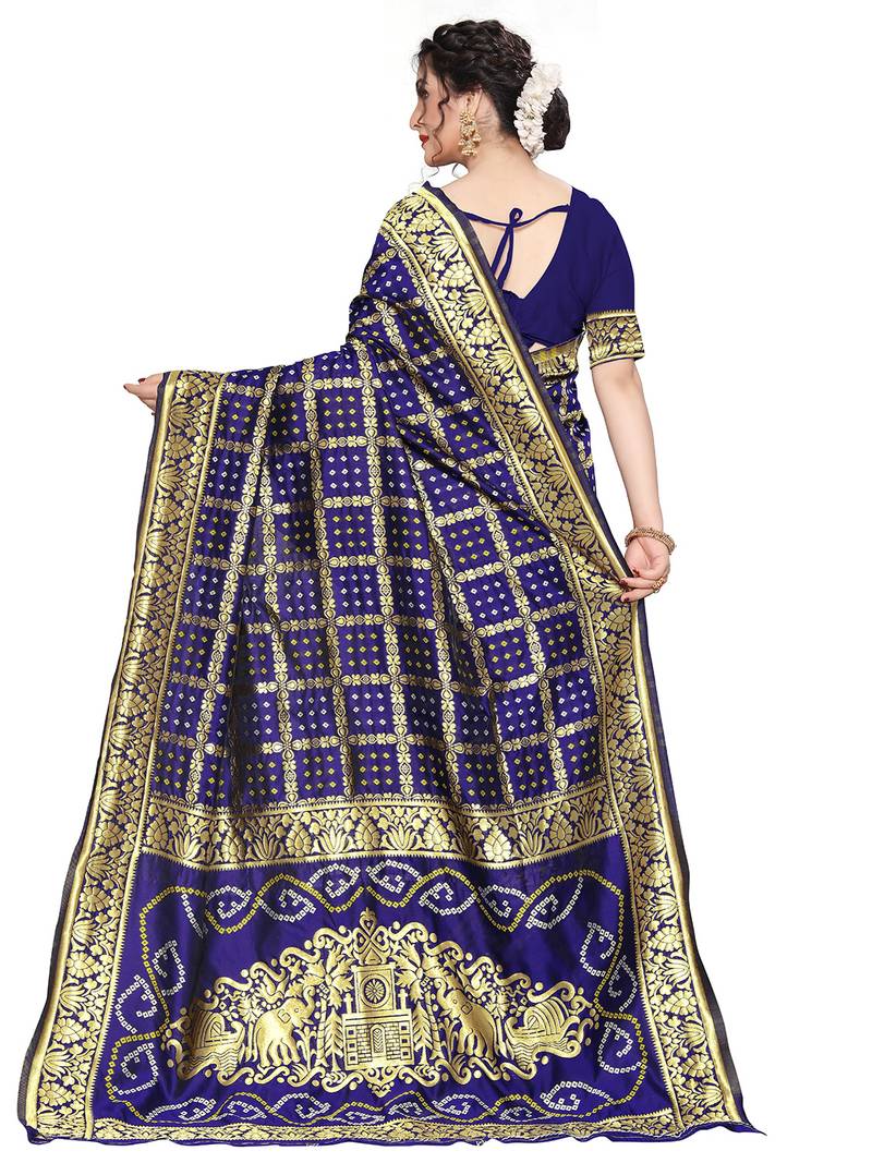 Leeza Store Women'S Navy Blue Silk Blend Jacquard Woven Golden Zari Traditional Bandhani Saree With Blouse Pieces
