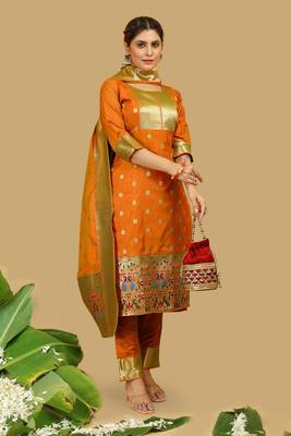 Orange Color Banarasi Silk Zari Woven Salwar Suit 2