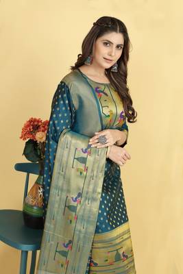 Blue Color Banarasi Soft Silk Golden Zari Mill Print Weaving salwar kameez 1