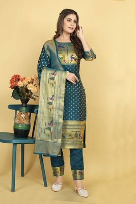 Blue Color Banarasi Soft Silk Golden Zari Mill Print Weaving salwar kameez 2