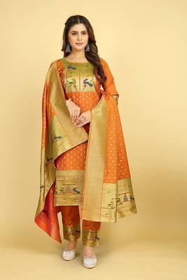 Orange Color Banarasi Soft Silk Golden Zari Mill Print Weaving Salwar Kameez 1