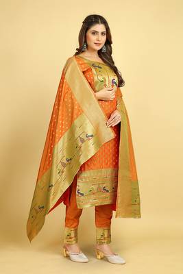 Orange Color Banarasi Soft Silk Golden Zari Mill Print Weaving Salwar Kameez 2