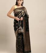 Black Silk Blend Golden Zari FLoral Pattern Zari Butta Butti Woven Banarasi Style Saree with Unstitched Blouse Piece