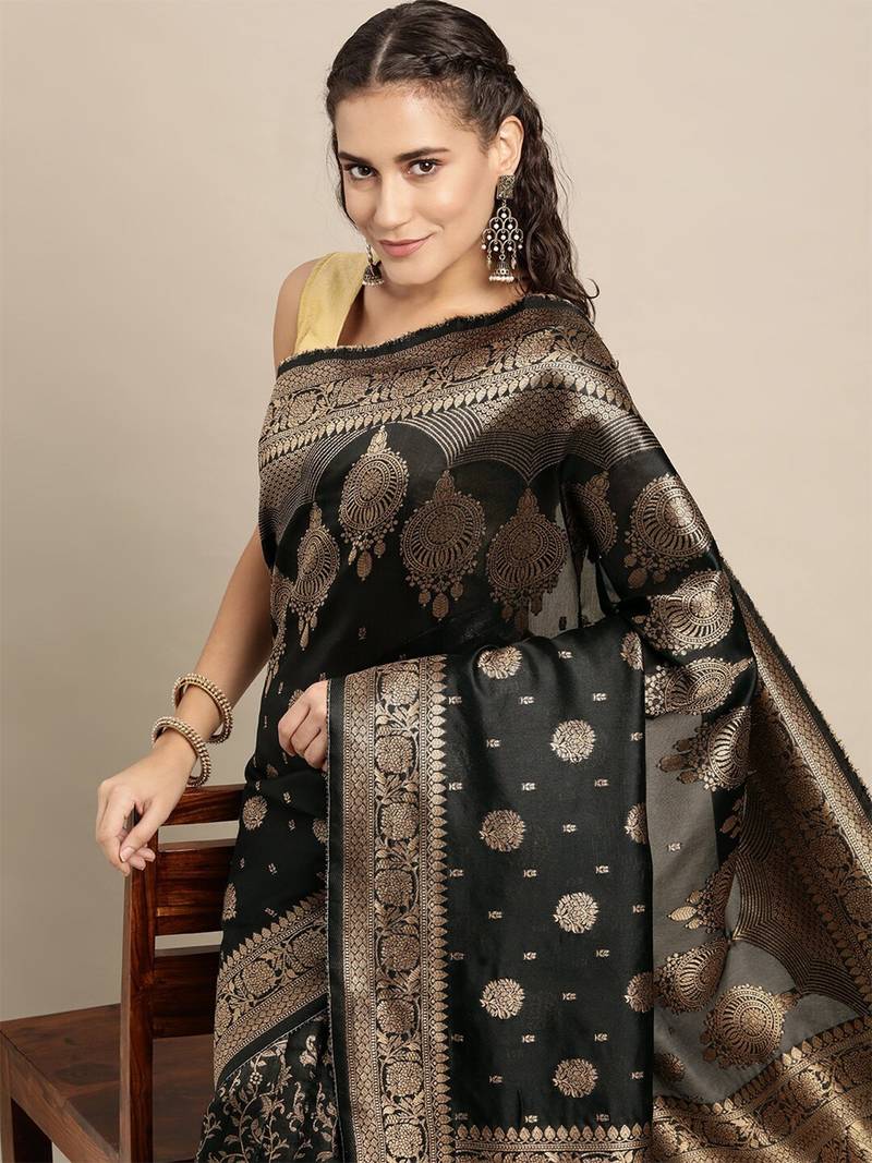 Black Silk Blend Golden Zari FLoral Pattern Zari Butta Butti Woven Banarasi Style Saree with Unstitched Blouse Piece