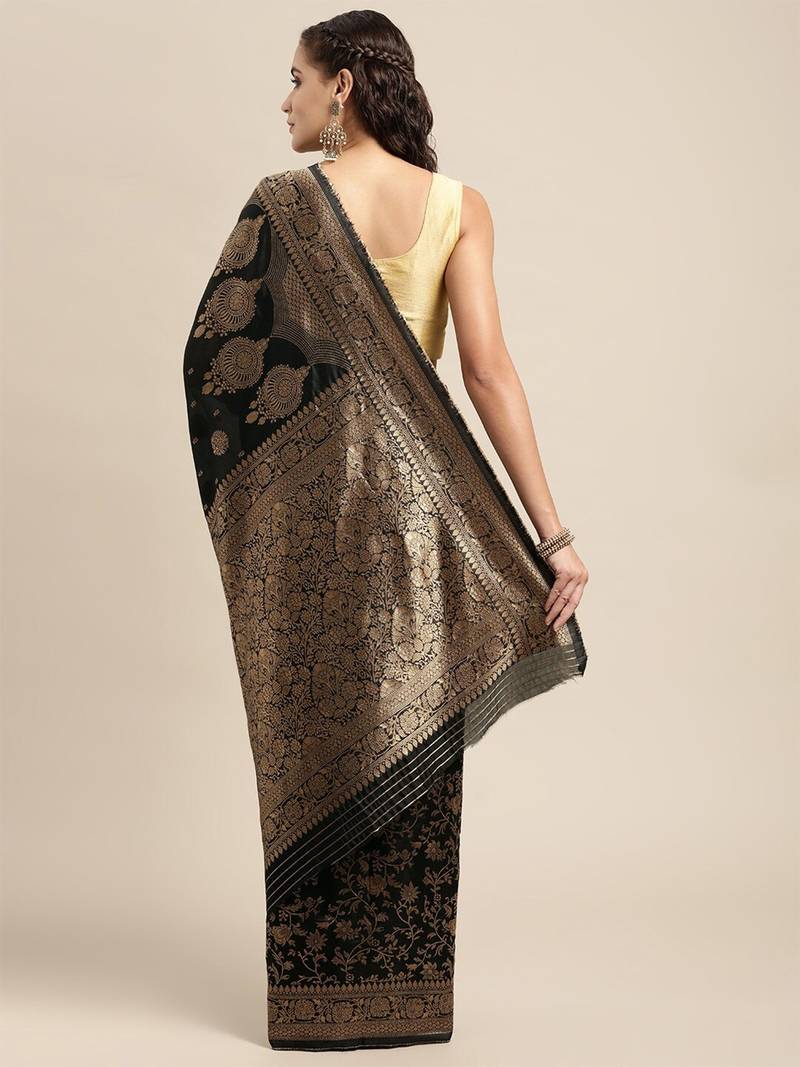 Black Silk Blend Golden Zari FLoral Pattern Zari Butta Butti Woven Banarasi Style Saree with Unstitched Blouse Piece