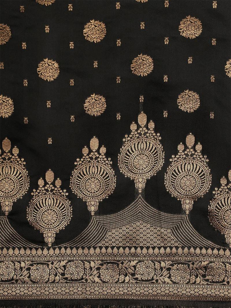 Black Silk Blend Golden Zari FLoral Pattern Zari Butta Butti Woven Banarasi Style Saree with Unstitched Blouse Piece