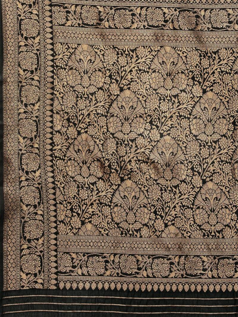 Black Silk Blend Golden Zari FLoral Pattern Zari Butta Butti Woven Banarasi Style Saree with Unstitched Blouse Piece
