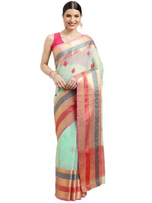 Bluish Green Cotton Silk Traditional Kota Doria Thread Work Butta Butti Paisley Zari Border Saree With Blouse Pieces 1