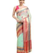 Bluish Green Cotton Silk Traditional Kota Doria Thread Work Butta Butti Paisley Zari Border Saree With Blouse Pieces