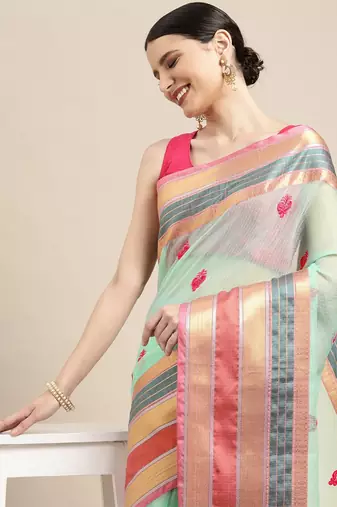 Bluish Green Cotton Silk Traditional Kota Doria Thread Work Butta Butti Paisley Zari Border Saree With Blouse Pieces