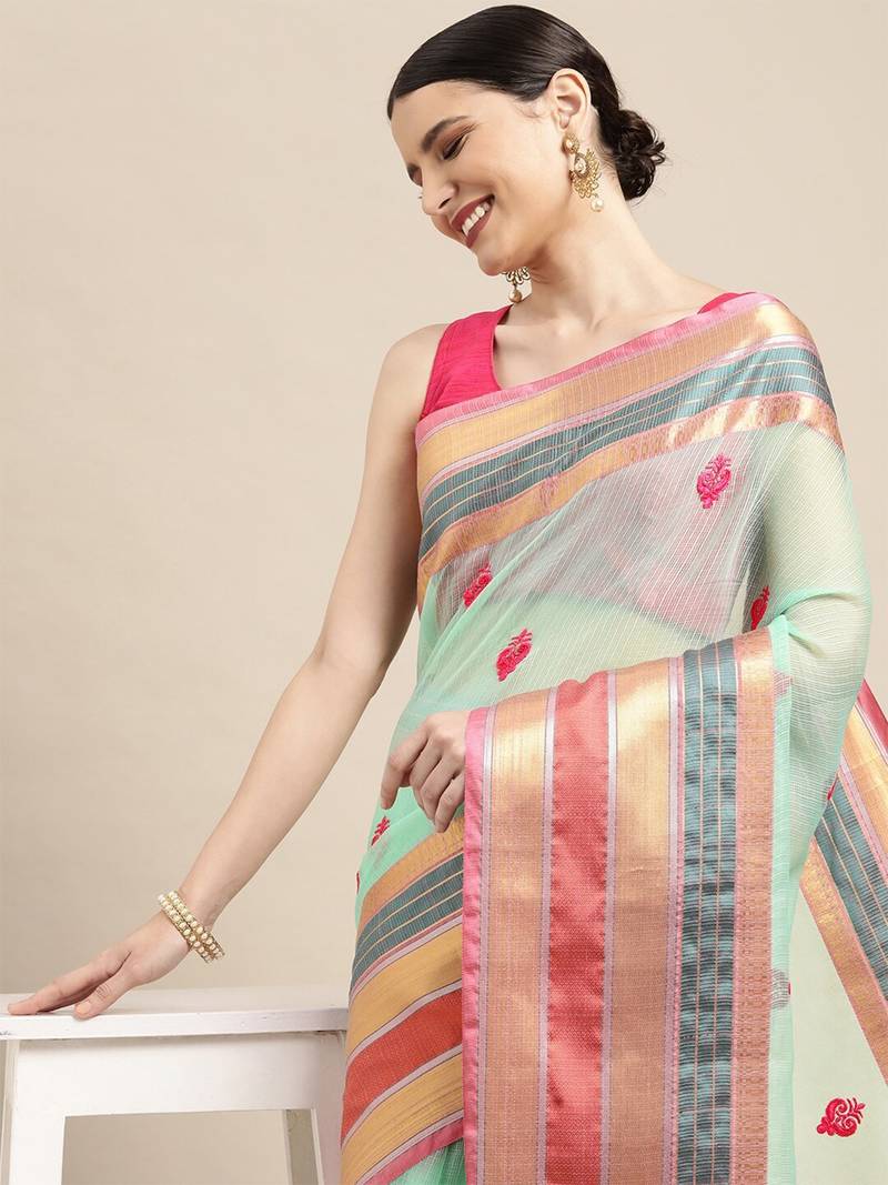 Bluish Green Cotton Silk Traditional Kota Doria Thread Work Butta Butti Paisley Zari Border Saree With Blouse Pieces