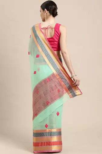 Bluish Green Cotton Silk Traditional Kota Doria Thread Work Butta Butti Paisley Zari Border Saree With Blouse Pieces
