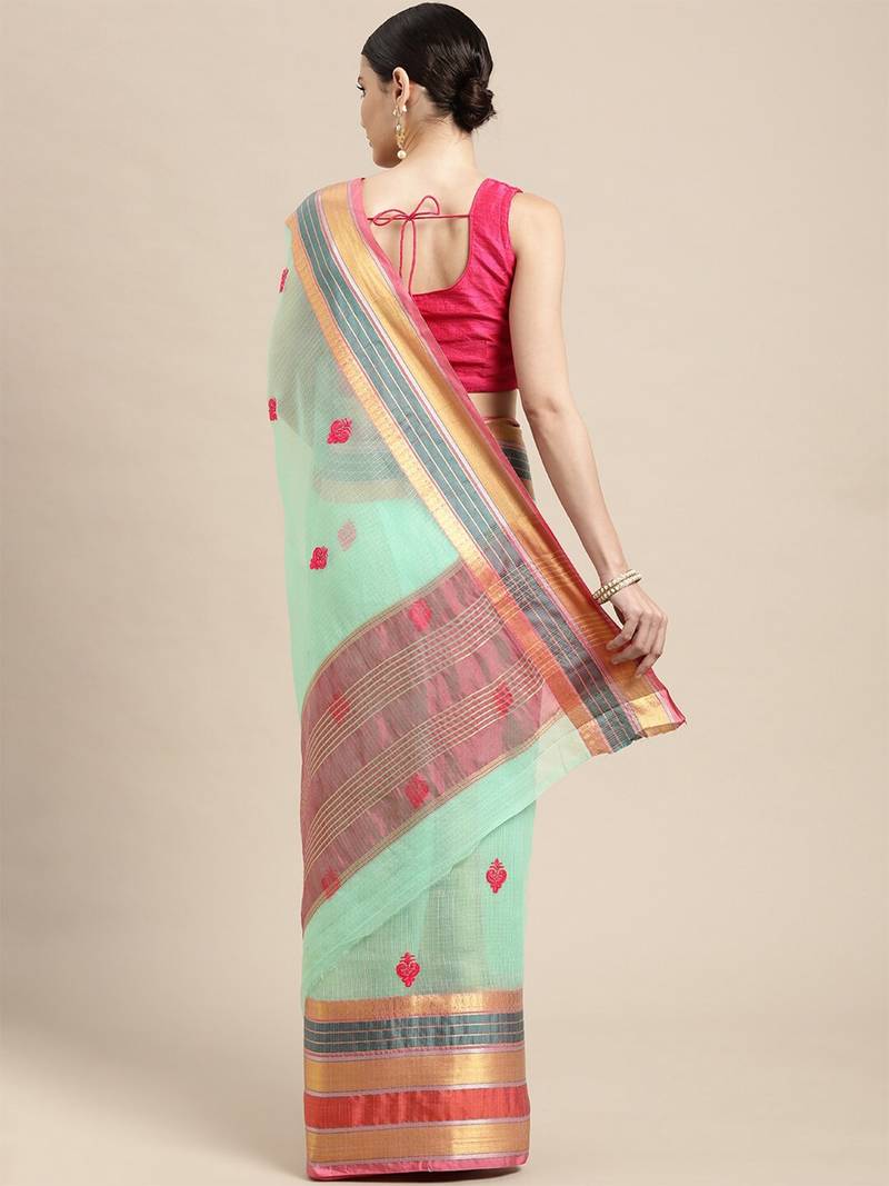 Bluish Green Cotton Silk Traditional Kota Doria Thread Work Butta Butti Paisley Zari Border Saree With Blouse Pieces