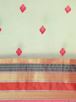 Bluish Green Cotton Silk Traditional Kota Doria Thread Work Butta Butti Paisley Zari Border Saree With Blouse Pieces 4
