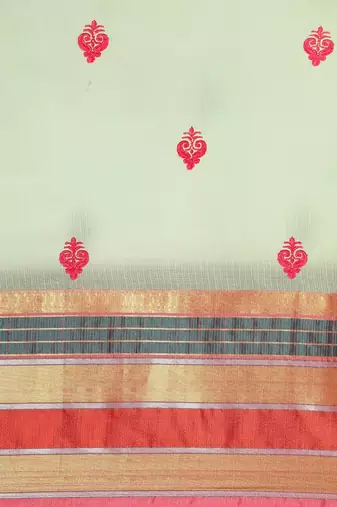 Bluish Green Cotton Silk Traditional Kota Doria Thread Work Butta Butti Paisley Zari Border Saree With Blouse Pieces