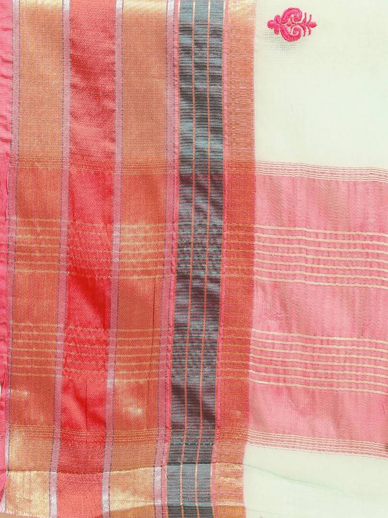 Bluish Green Cotton Silk Traditional Kota Doria Thread Work Butta Butti Paisley Zari Border Saree With Blouse Pieces