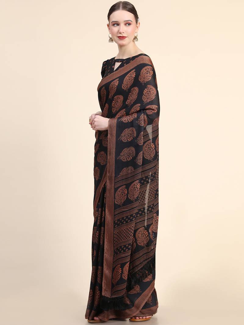 Black Poly Chiffon Fancy Printed Trendy 2023 Tassels Latkan Saree With Running Blouse Piece