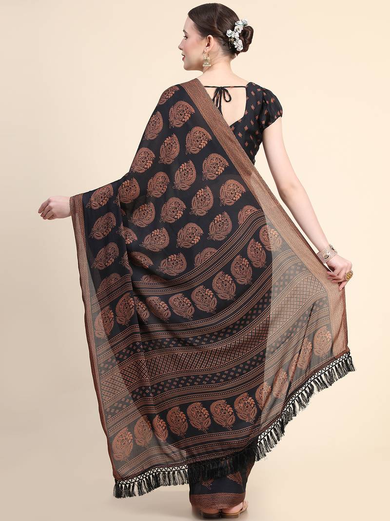 Black Poly Chiffon Fancy Printed Trendy 2023 Tassels Latkan Saree With Running Blouse Piece