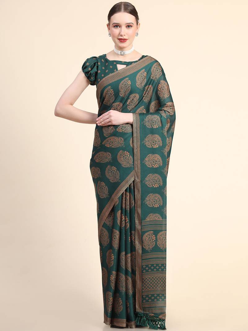 Bottle Green Poly Chiffon Fancy Printed Trendy 2023 Tassels Latkan Saree With Running Blouse Piece