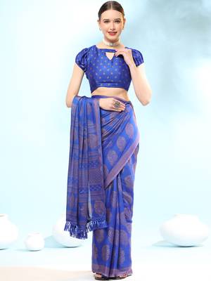 Royal Blue Poly Chiffon Fancy Printed Trendy 2023 Tassels Latkan Saree With Running Blouse Piece 1