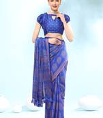 Royal Blue Poly Chiffon Fancy Printed Trendy 2023 Tassels Latkan Saree With Running Blouse Piece