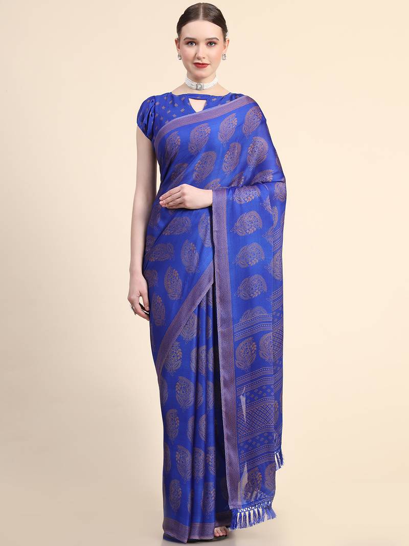 Royal Blue Poly Chiffon Fancy Printed Trendy 2023 Tassels Latkan Saree With Running Blouse Piece