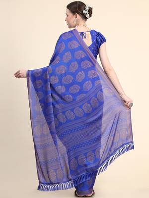 Royal Blue Poly Chiffon Fancy Printed Trendy 2023 Tassels Latkan Saree With Running Blouse Piece 3