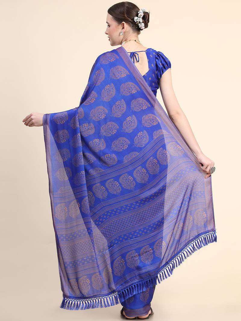 Royal Blue Poly Chiffon Fancy Printed Trendy 2023 Tassels Latkan Saree With Running Blouse Piece