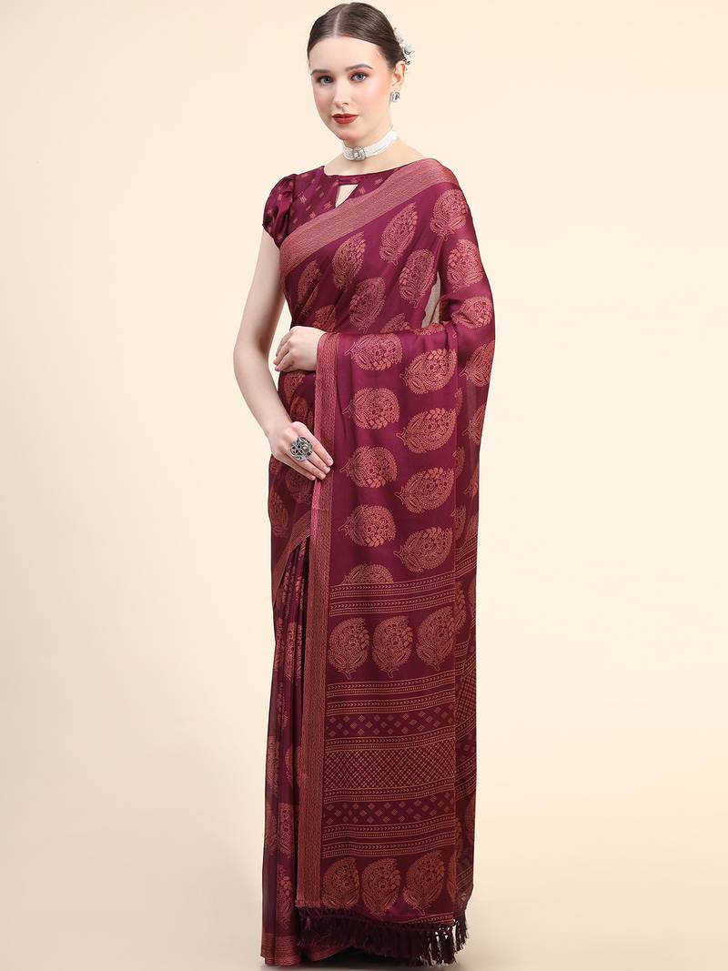Wine Maroon Poly Chiffon Fancy Printed Trendy 2023 Tassels Latkan Saree With Running Blouse Piece