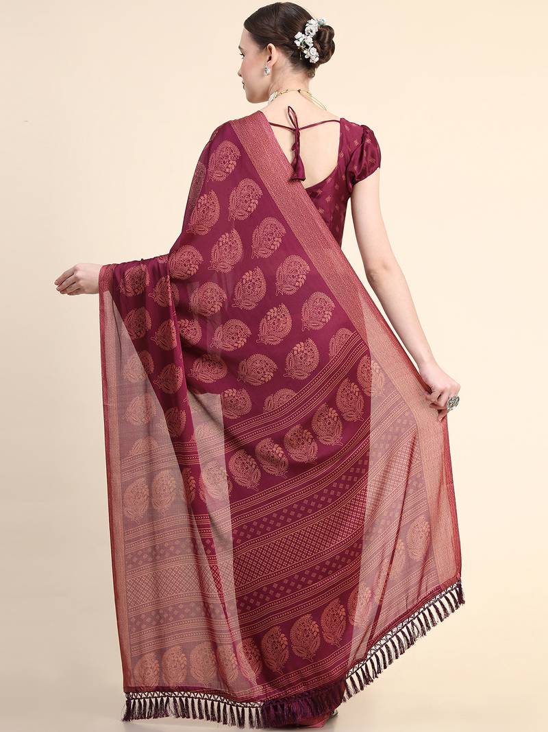 Wine Maroon Poly Chiffon Fancy Printed Trendy 2023 Tassels Latkan Saree With Running Blouse Piece