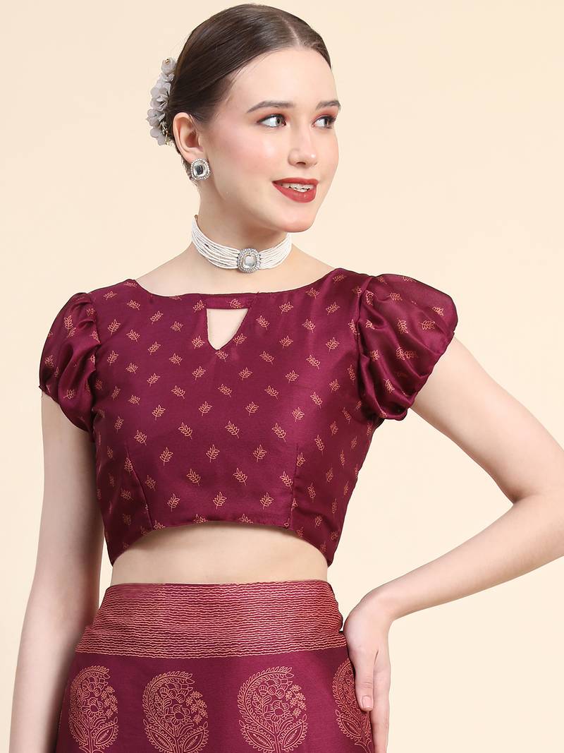 Wine Maroon Poly Chiffon Fancy Printed Trendy 2023 Tassels Latkan Saree With Running Blouse Piece