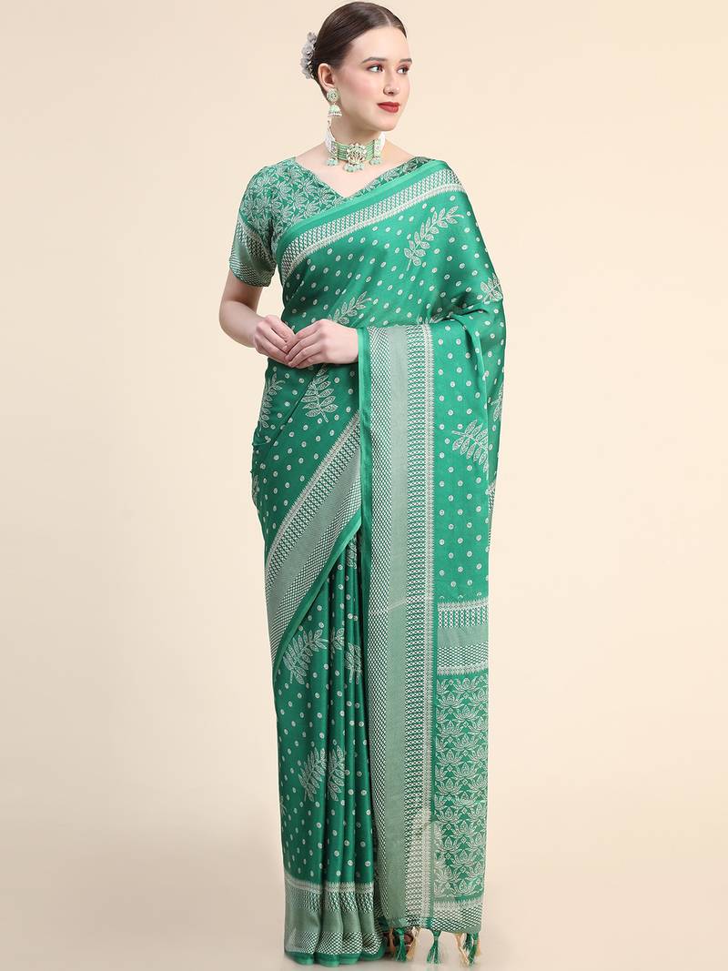 Dark Green Maroon Poly Chiffon Fancy Printed Trendy 2023 Tassels Latkan Saree With Running Blouse Piece