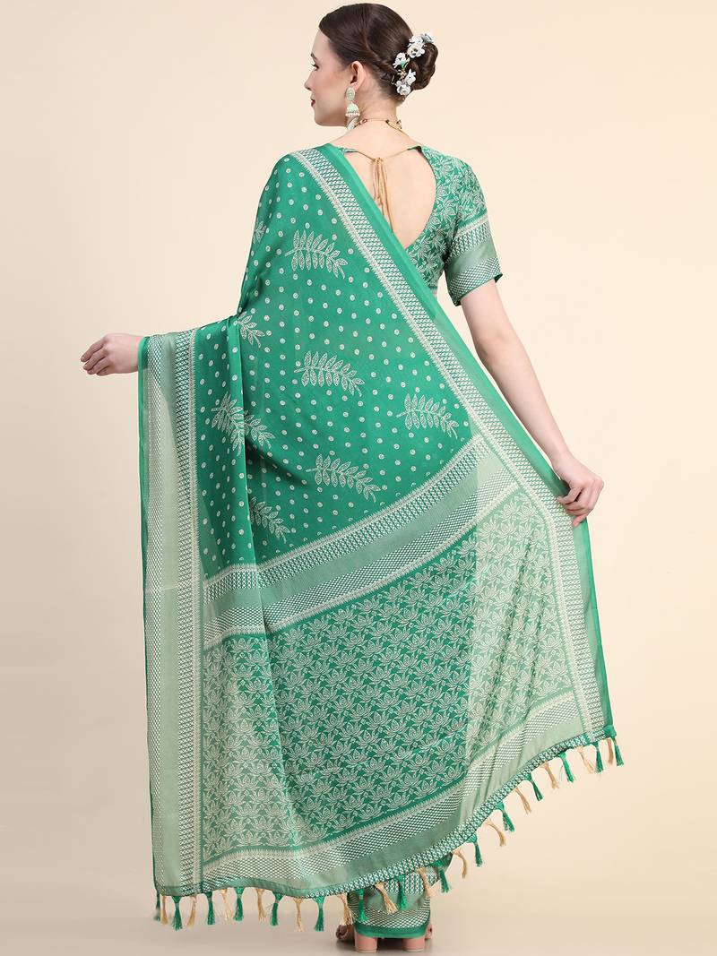 Dark Green Maroon Poly Chiffon Fancy Printed Trendy 2023 Tassels Latkan Saree With Running Blouse Piece