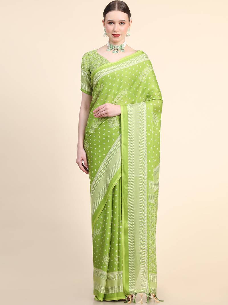 Green Poly Chiffon Fancy Printed Trendy 2023 Tassels Latkan Saree With Running Blouse Piece