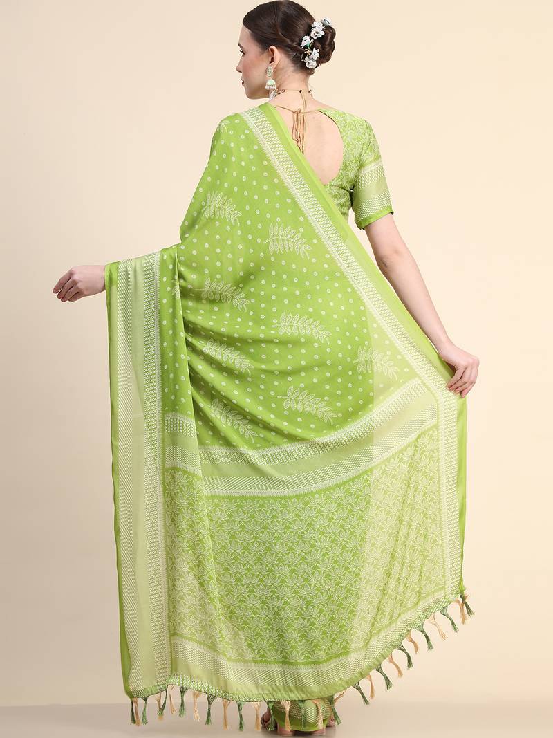 Green Poly Chiffon Fancy Printed Trendy 2023 Tassels Latkan Saree With Running Blouse Piece