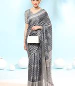 Grey Poly Chiffon Fancy Printed Trendy 2023 Tassels Latkan Saree With Running Blouse Piece