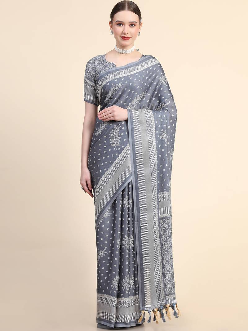 Grey Poly Chiffon Fancy Printed Trendy 2023 Tassels Latkan Saree With Running Blouse Piece