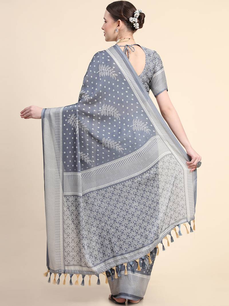 Grey Poly Chiffon Fancy Printed Trendy 2023 Tassels Latkan Saree With Running Blouse Piece