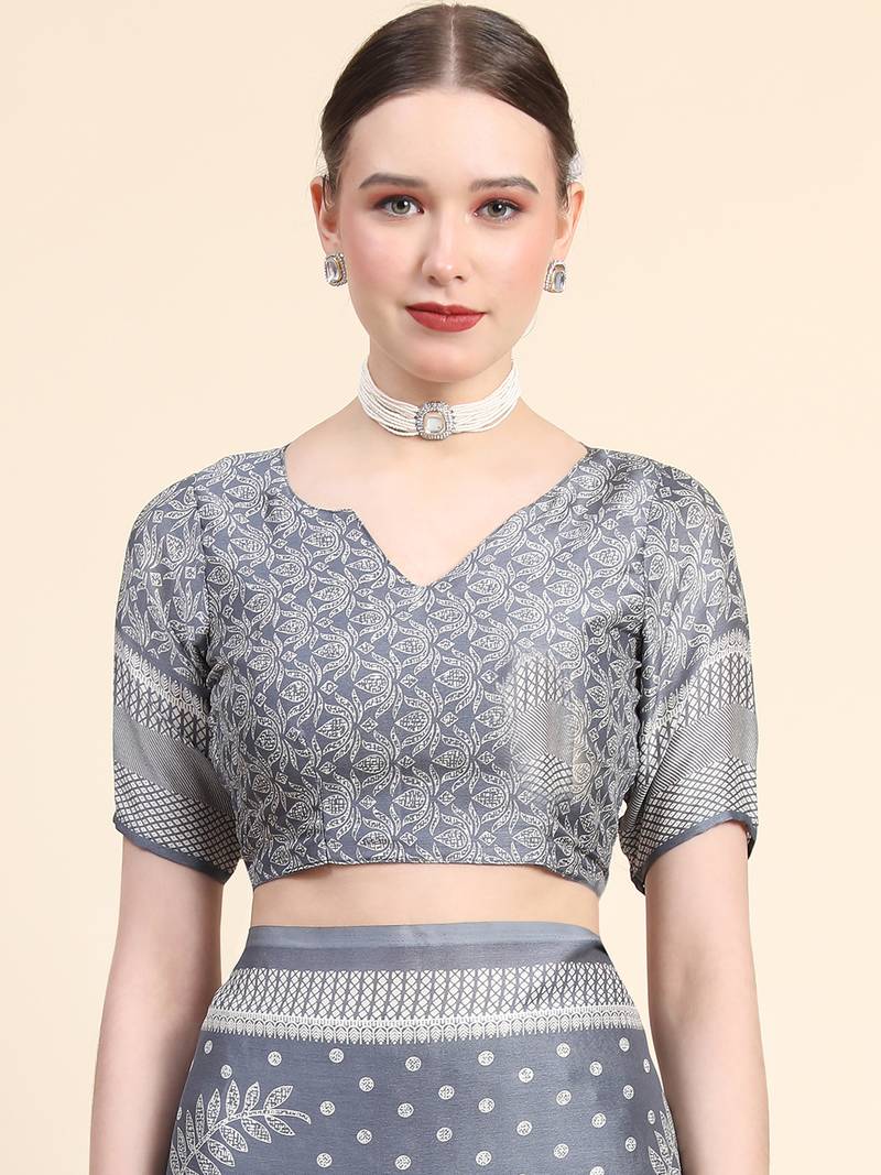 Grey Poly Chiffon Fancy Printed Trendy 2023 Tassels Latkan Saree With Running Blouse Piece