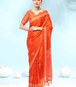 Orange Poly Chiffon Fancy Printed Trendy 2023 Tassels Latkan Saree With Running Blouse Piece