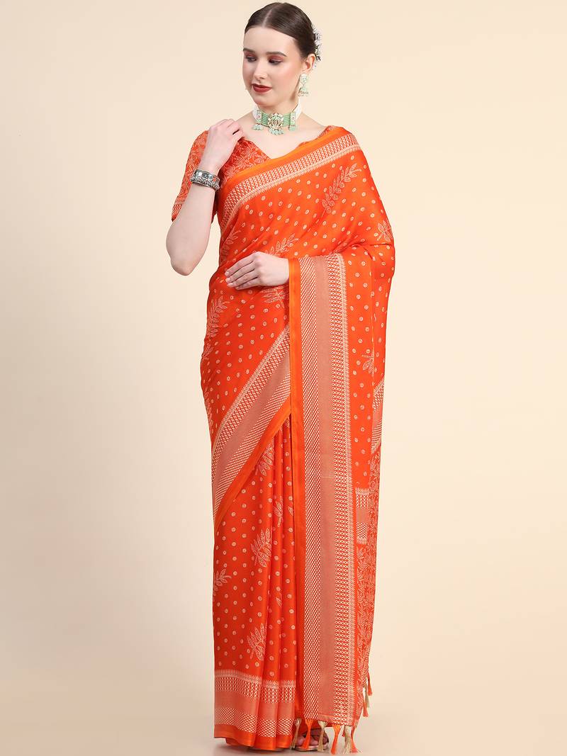 Orange Poly Chiffon Fancy Printed Trendy 2023 Tassels Latkan Saree With Running Blouse Piece