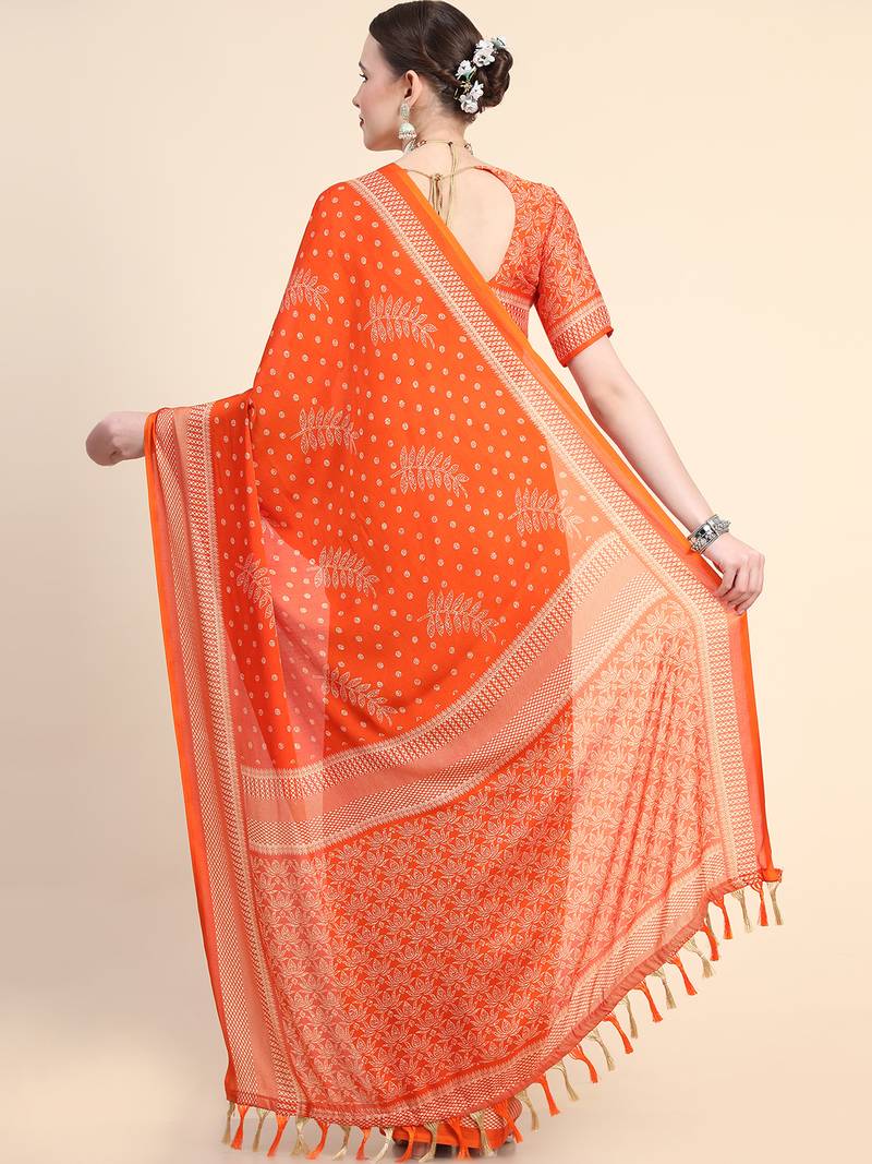 Orange Poly Chiffon Fancy Printed Trendy 2023 Tassels Latkan Saree With Running Blouse Piece