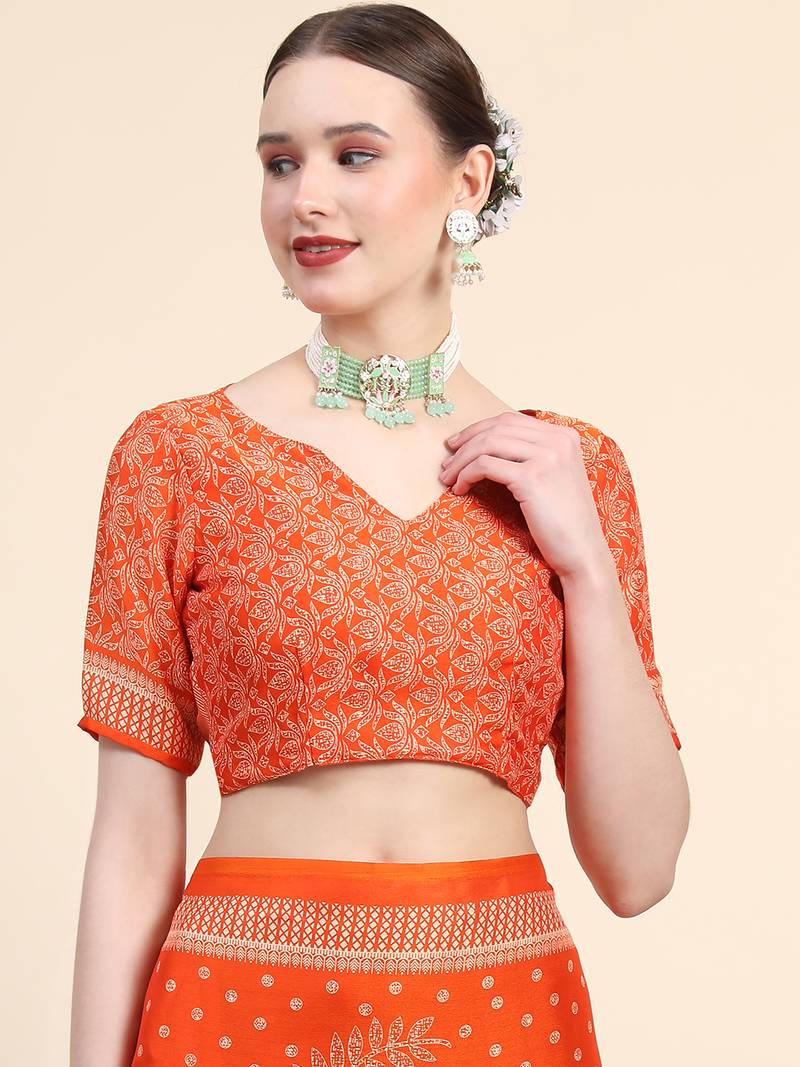 Orange Poly Chiffon Fancy Printed Trendy 2023 Tassels Latkan Saree With Running Blouse Piece