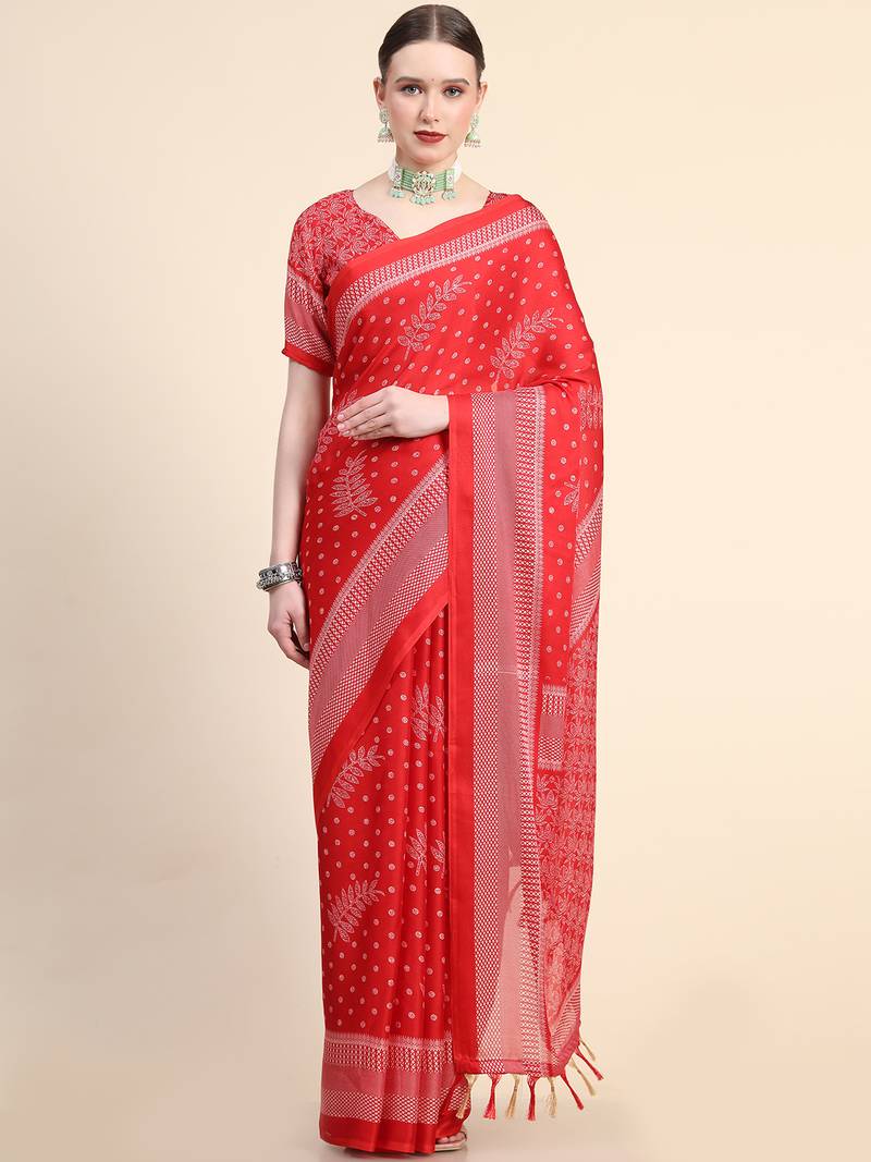 Red Poly Chiffon Fancy Printed Trendy 2023 Tassels Latkan Saree With Running Blouse Piece