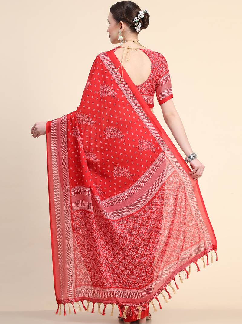 Red Poly Chiffon Fancy Printed Trendy 2023 Tassels Latkan Saree With Running Blouse Piece