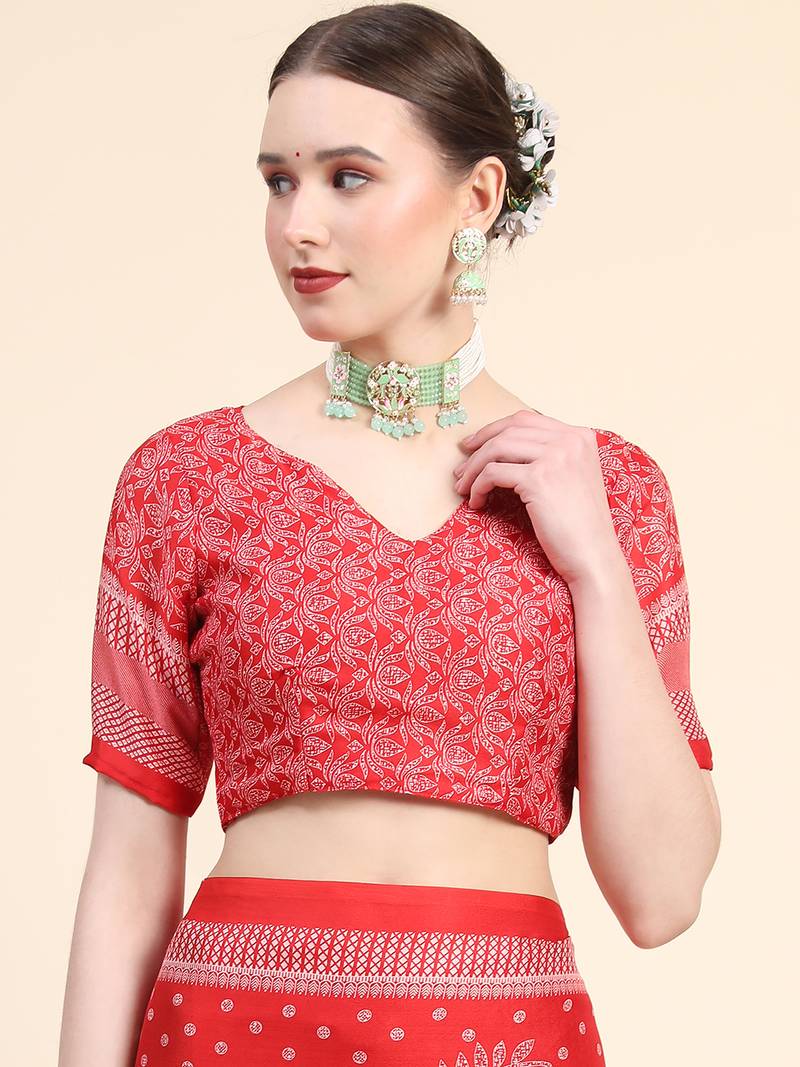 Red Poly Chiffon Fancy Printed Trendy 2023 Tassels Latkan Saree With Running Blouse Piece